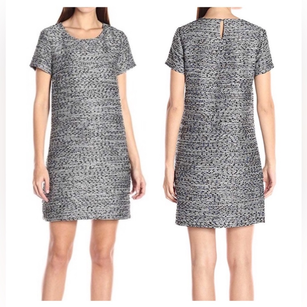 CeCe Tweed Shift Dress Metallic Blue Black White Size 0